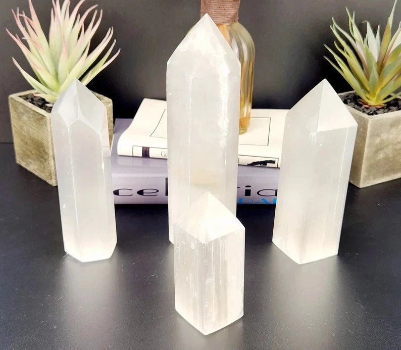 Natural Selenite Obelisk Pair | Healing Crystal Towers | Semi Precious Stone Art