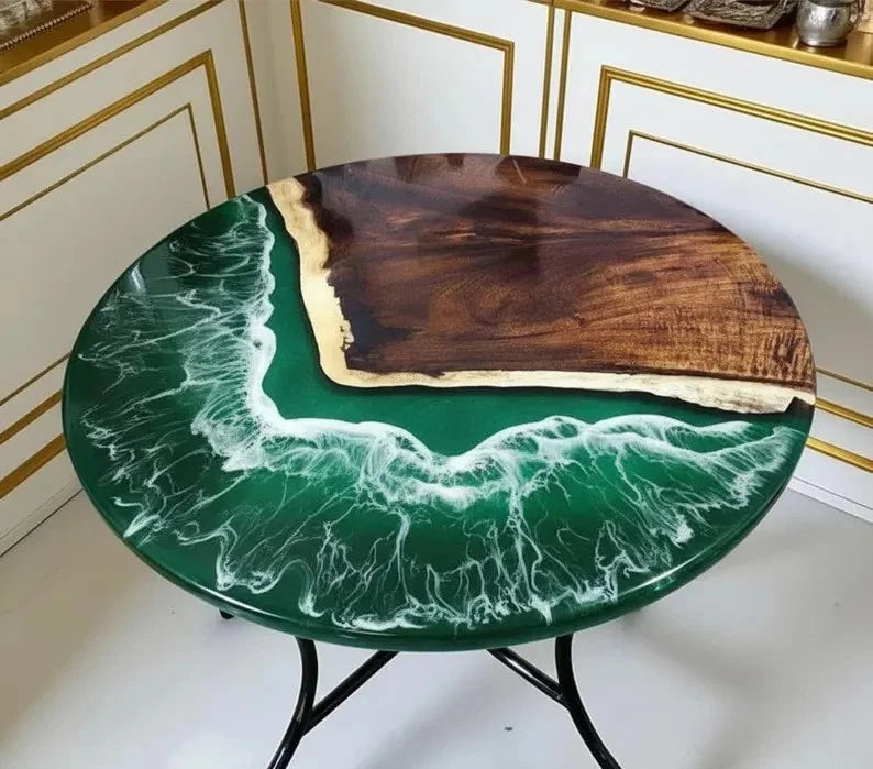 Green Ocean Epoxy Resin Coffee Table – Handmade Modern Wave Art Table, Unique