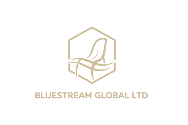 elegant minimalist logo for a high-end furniture company “BLUESTREAM GLOBAL LTD”, small geometric cube outline plus stylized chair and wave symbol, light beige-gold color, soft lines, uppercase text below the icon, calm and airy, suitable for website header, flat vector, no background, transparent PNG