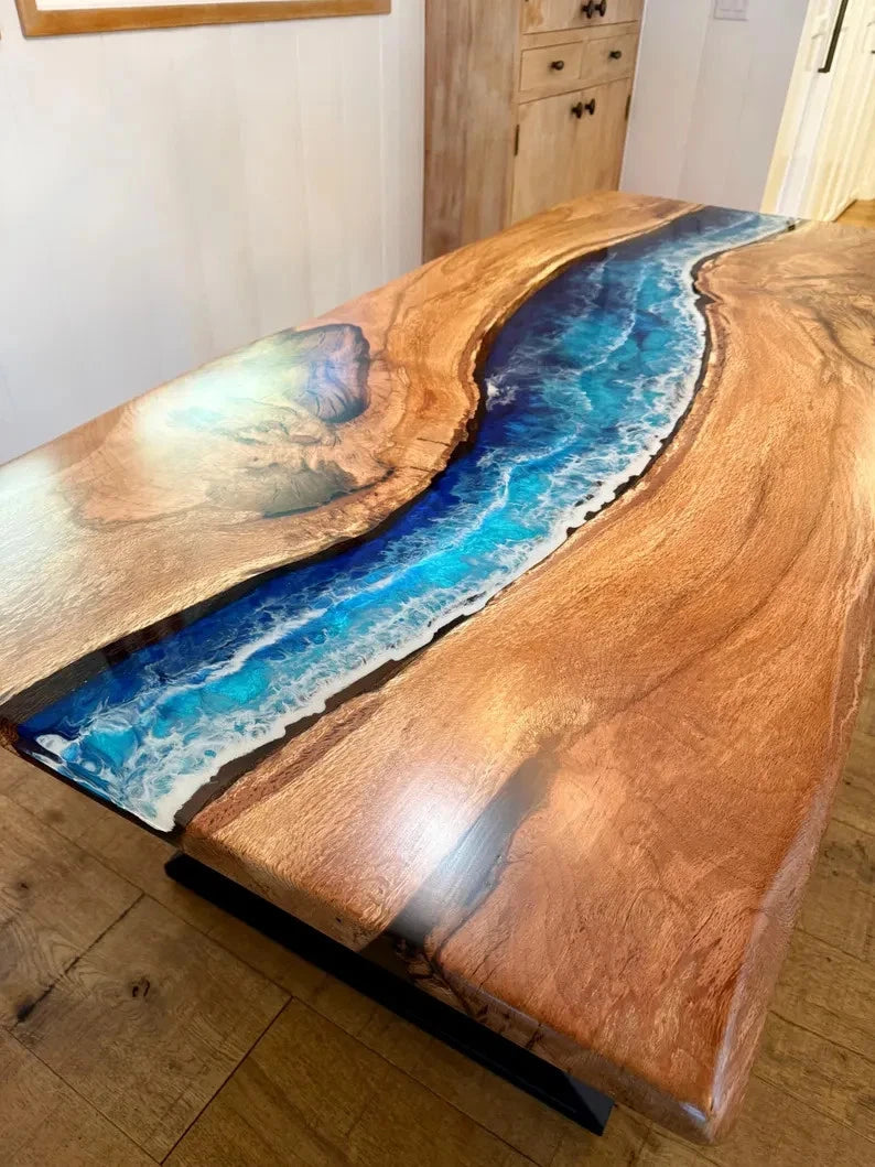 Ocean Epoxy Resin Dining table Top | Wooden Live Edge Furniture For Home Decor