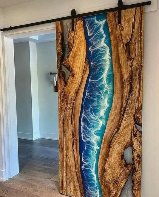Handmade Ocean Wooden Door | Resin Art Coastal Interior Door | Rustic Sliding