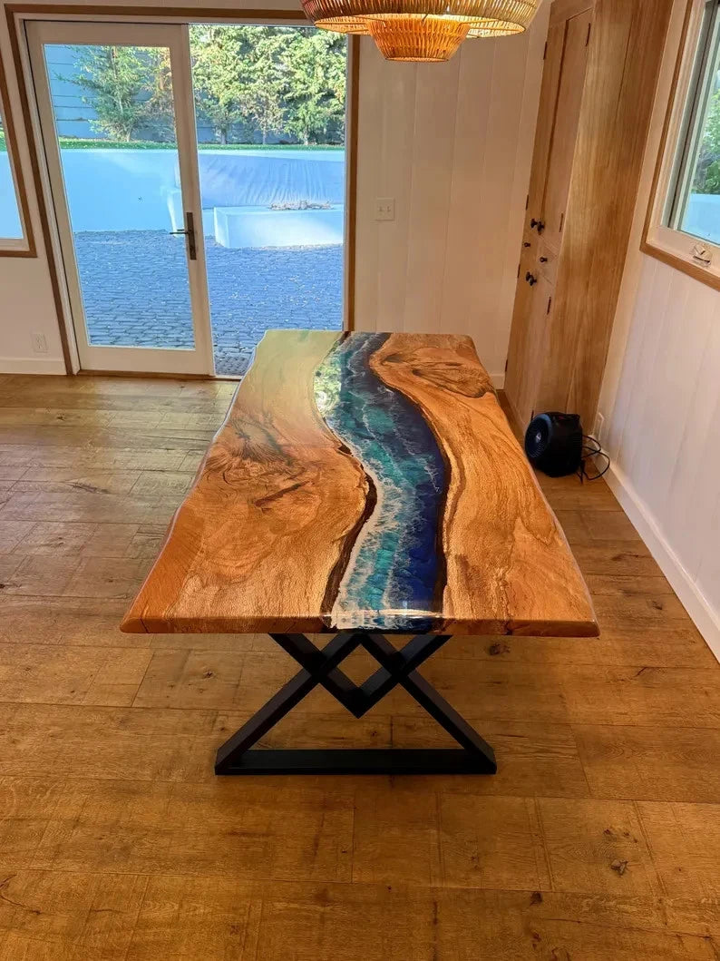 Ocean Epoxy Resin Dining table Top | Wooden Live Edge Furniture For Home Decor