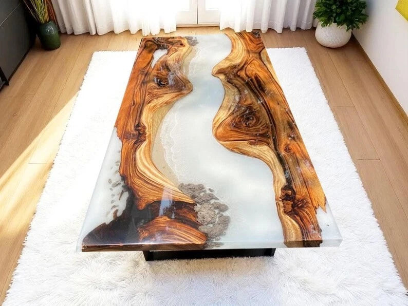 White Resin River Table | Handmade Epoxy Dining Table | Modern Resin Coffee Top