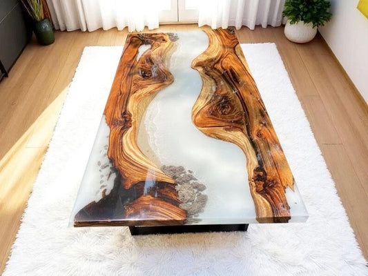 White Resin River Table | Handmade Epoxy Dining Table | Modern Resin Coffee Top