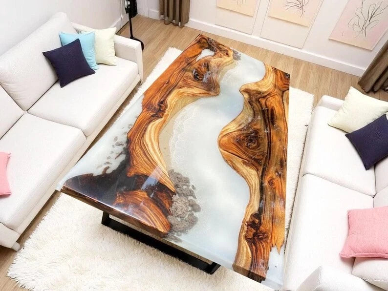 White Resin River Table | Handmade Epoxy Dining Table | Modern Resin Coffee Top