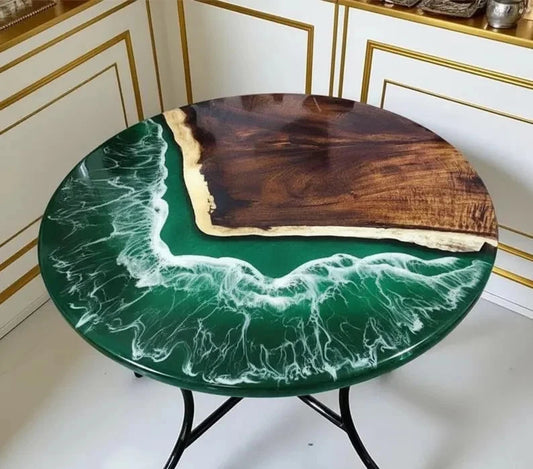 Green Ocean Epoxy Resin Coffee Table – Handmade Modern Wave Art Table, Unique