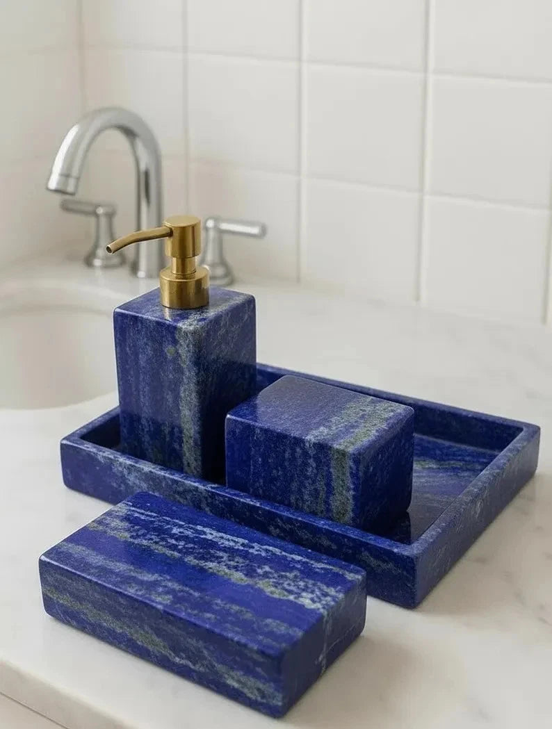 Handmade Natural Stone Vanity Accessories , Lapis Lazuli Bathroom Set of 5