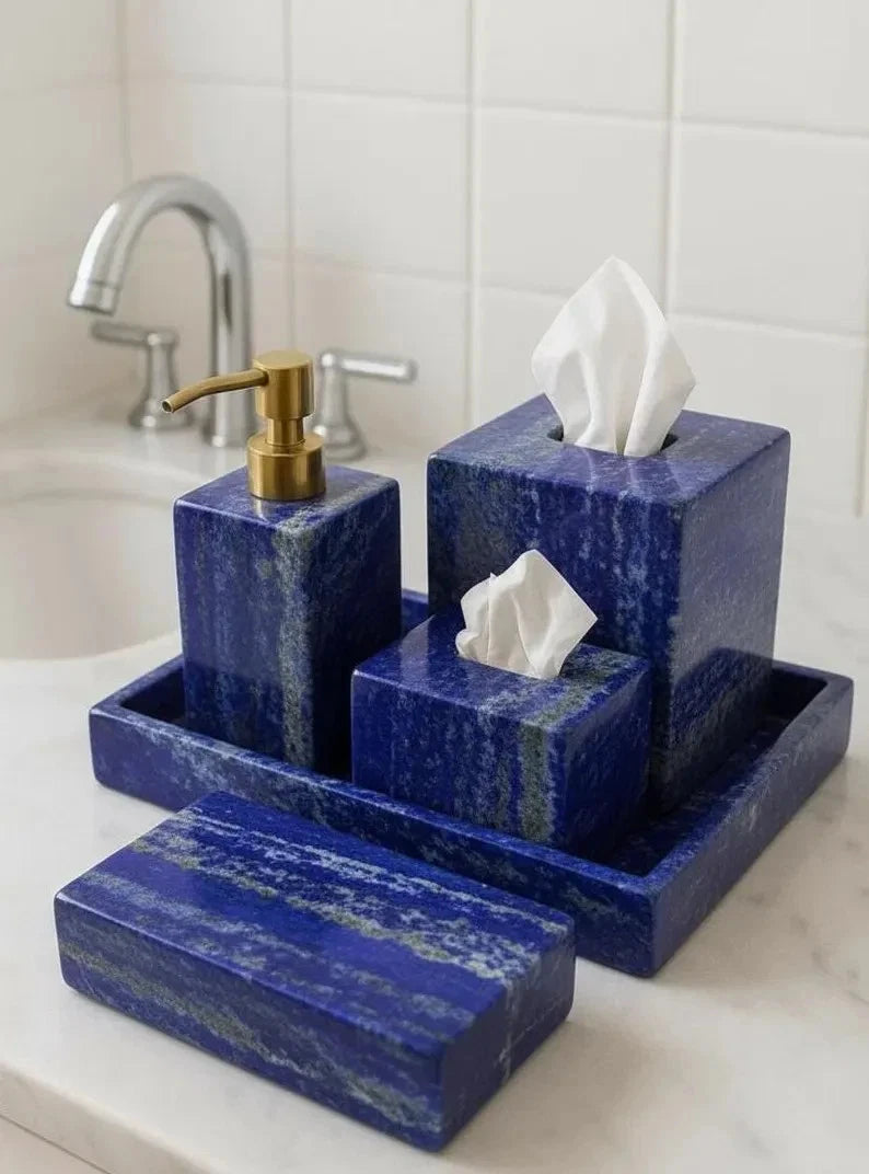 Handmade Natural Stone Vanity Accessories , Lapis Lazuli Bathroom Set of 5