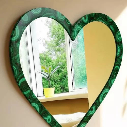Luxury Malachite Heart Mirror | Handmade Gemstone Wall Mirror | Green Home Déco