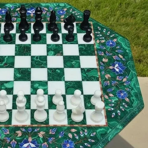 Malachite Inlay Chess Set – Handmade Luxury Green Gemstone Chessboard, Elegant